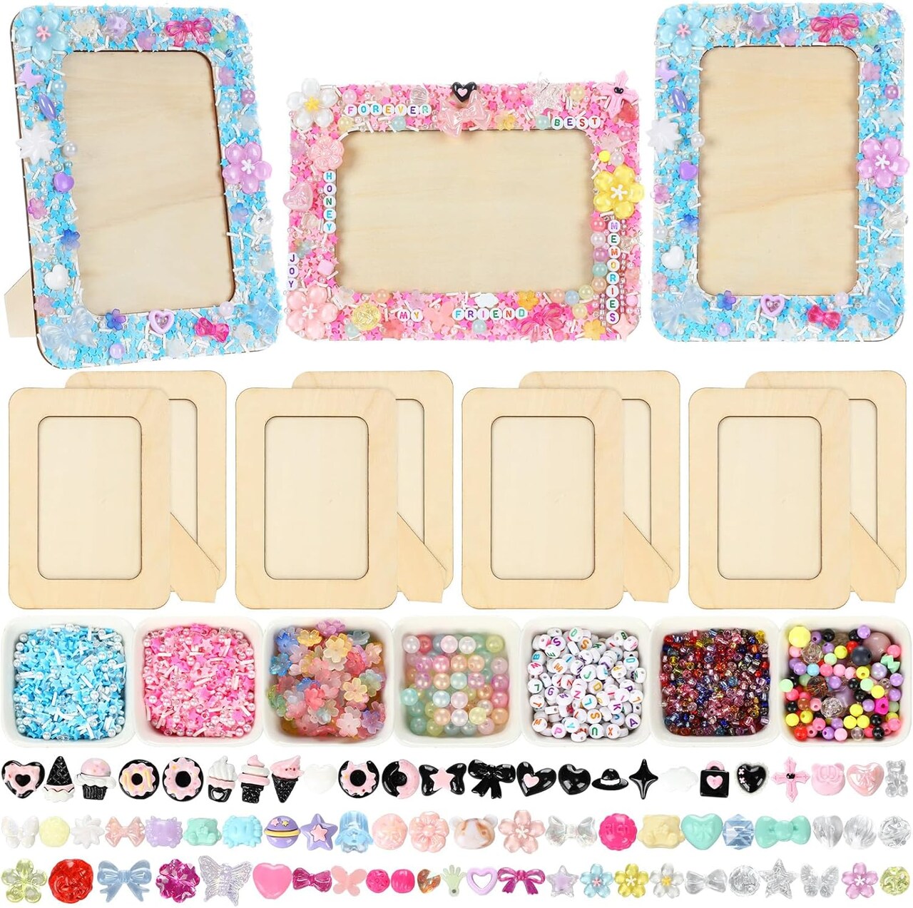 4-Pack DIY Mosaic Picture Frame Craft Kit – 4x6 Inch Unfinished Wooden Frames with Beads, Stickers, Tweezers & Glue for Personalized Crafts and Gifts